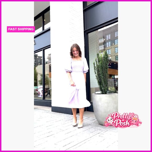 Polyester Puff Sleeve Square Neck A Line Midi Dress - Picture 7 of 7